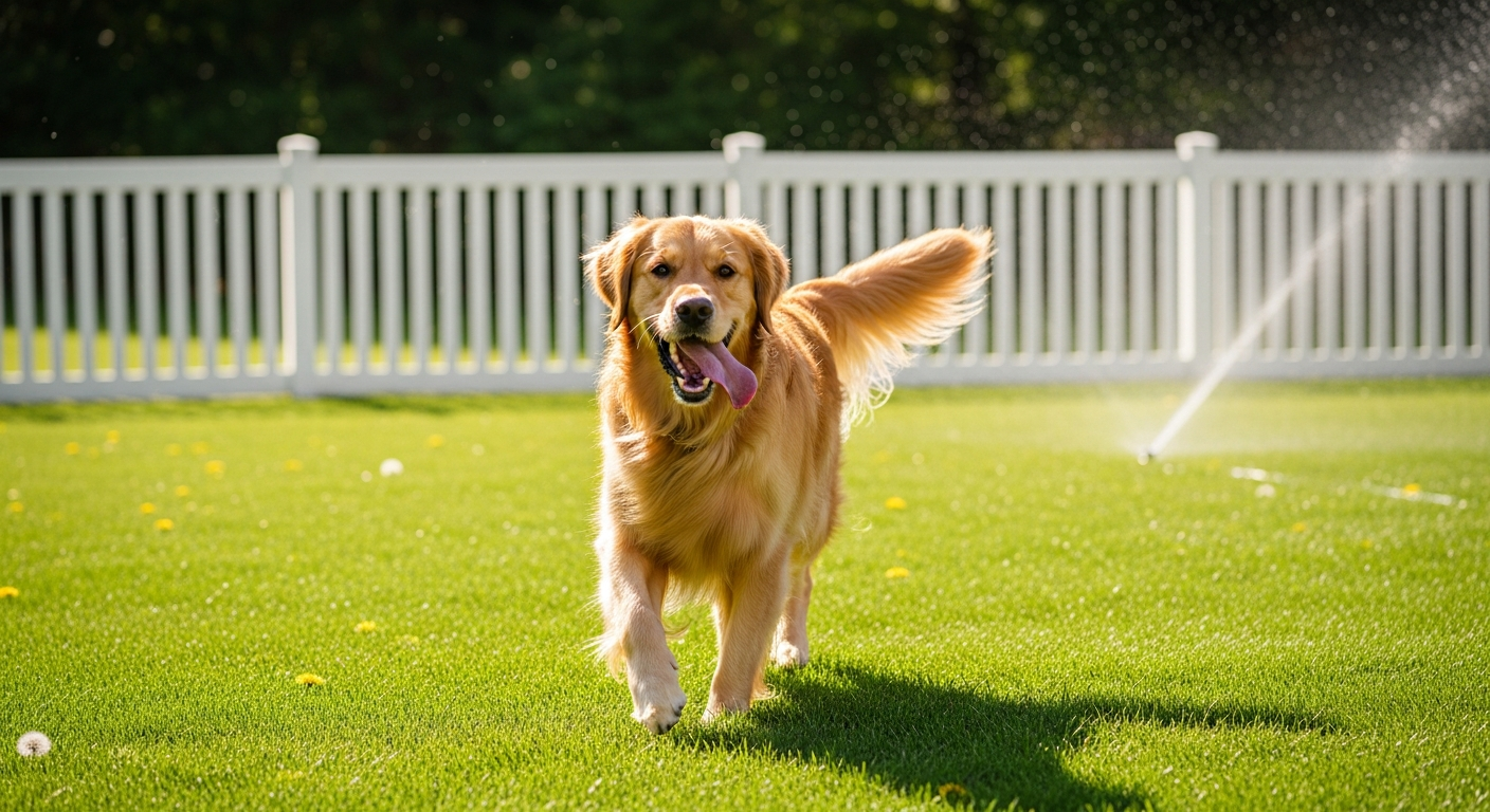Happy dog in a fenced backyard